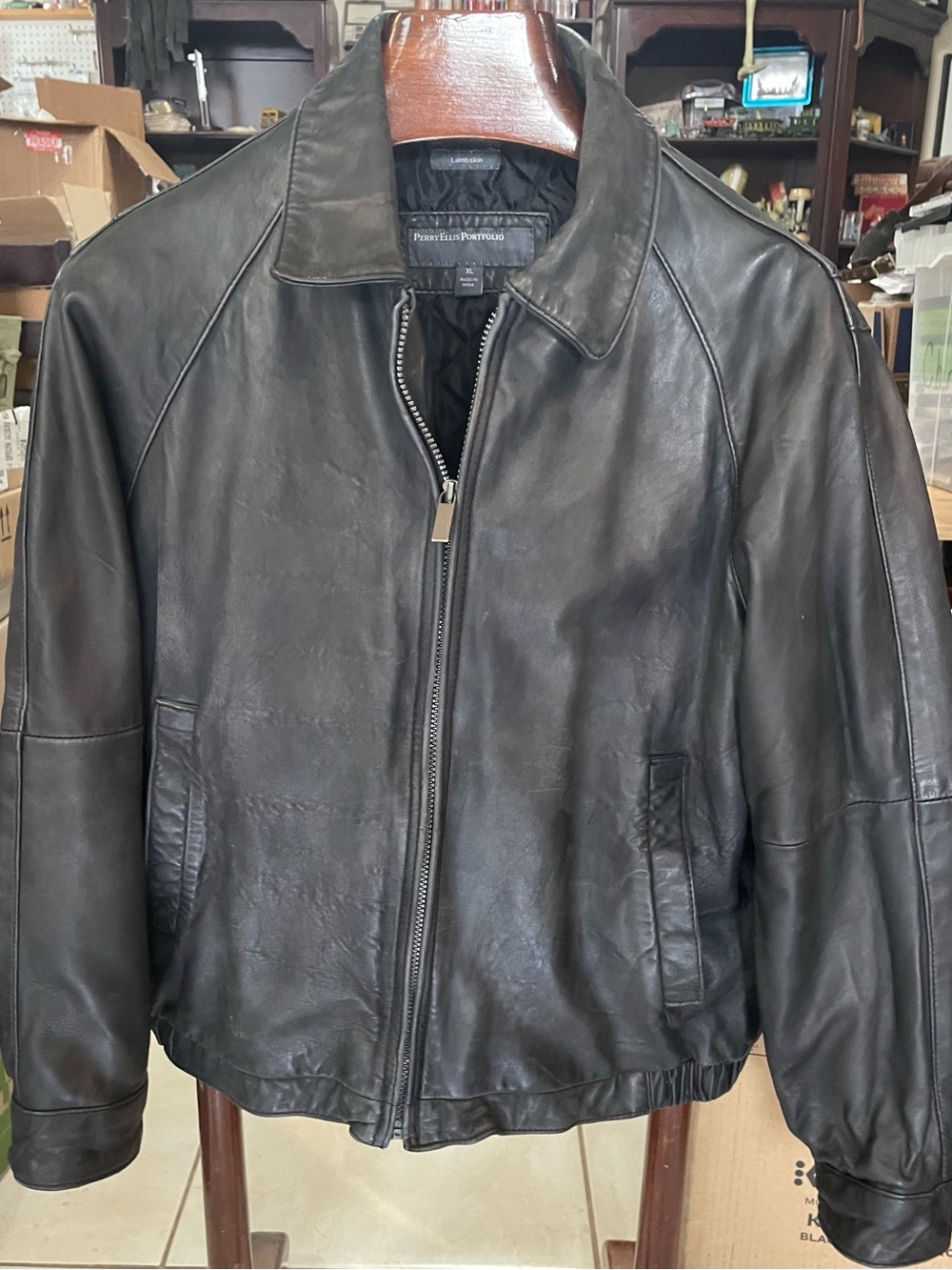 Perry Ellis Black Leather Bomber Jacket